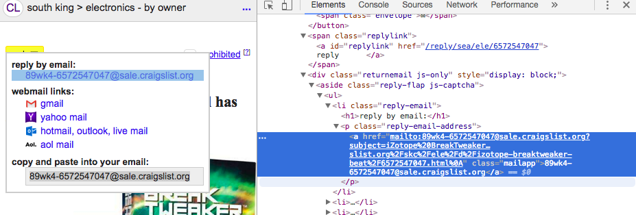Screenshot of Craiglist's reply link